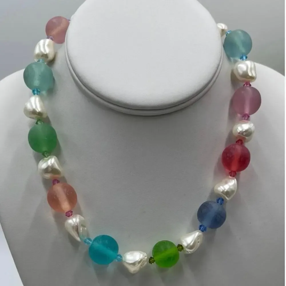 Gum Drop Candy Colored Beaded White‎ Faux Pearl Single Strand Necklace New
